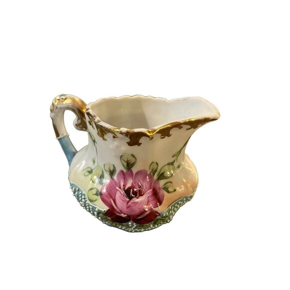 Antique Cabbage Rose with Bead Textured Design Small Creamer and Sugar Bowl - Picture 4 of 16